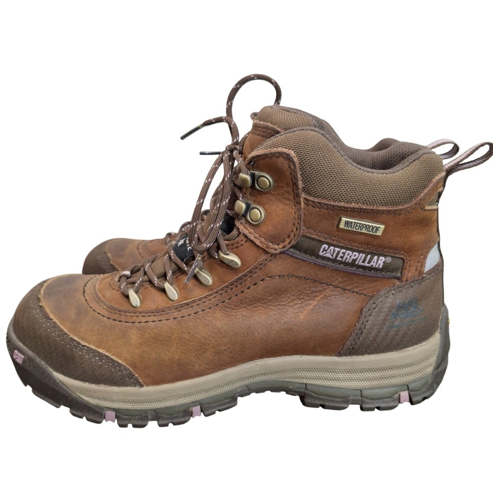 Caterpillar Womens 9.5 Wide Steel Toe Waterproof Work Boots Brown Leather P90760